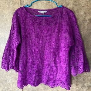 Purple Fuchsia Floral Layered 2 Piece Sheer Bell Sleeves Top Blouse M